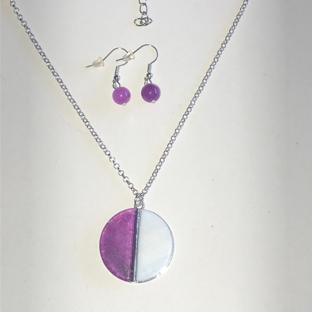 Silver Tone Purple & White Half-Moon Pendant Necklace and Earring Set